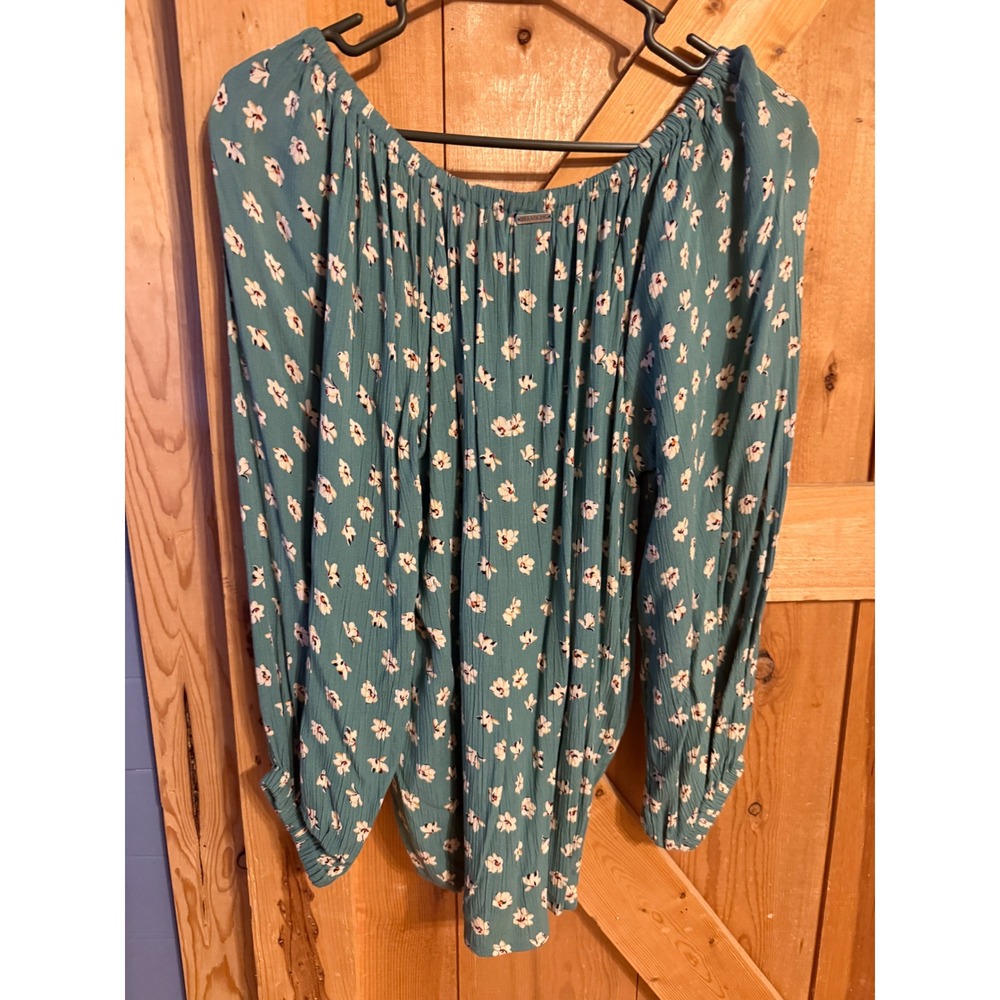 Billabong Teal Floral‎ Smocked Off Shoulder Long Sleeve Ruched Tie Front Top S/P